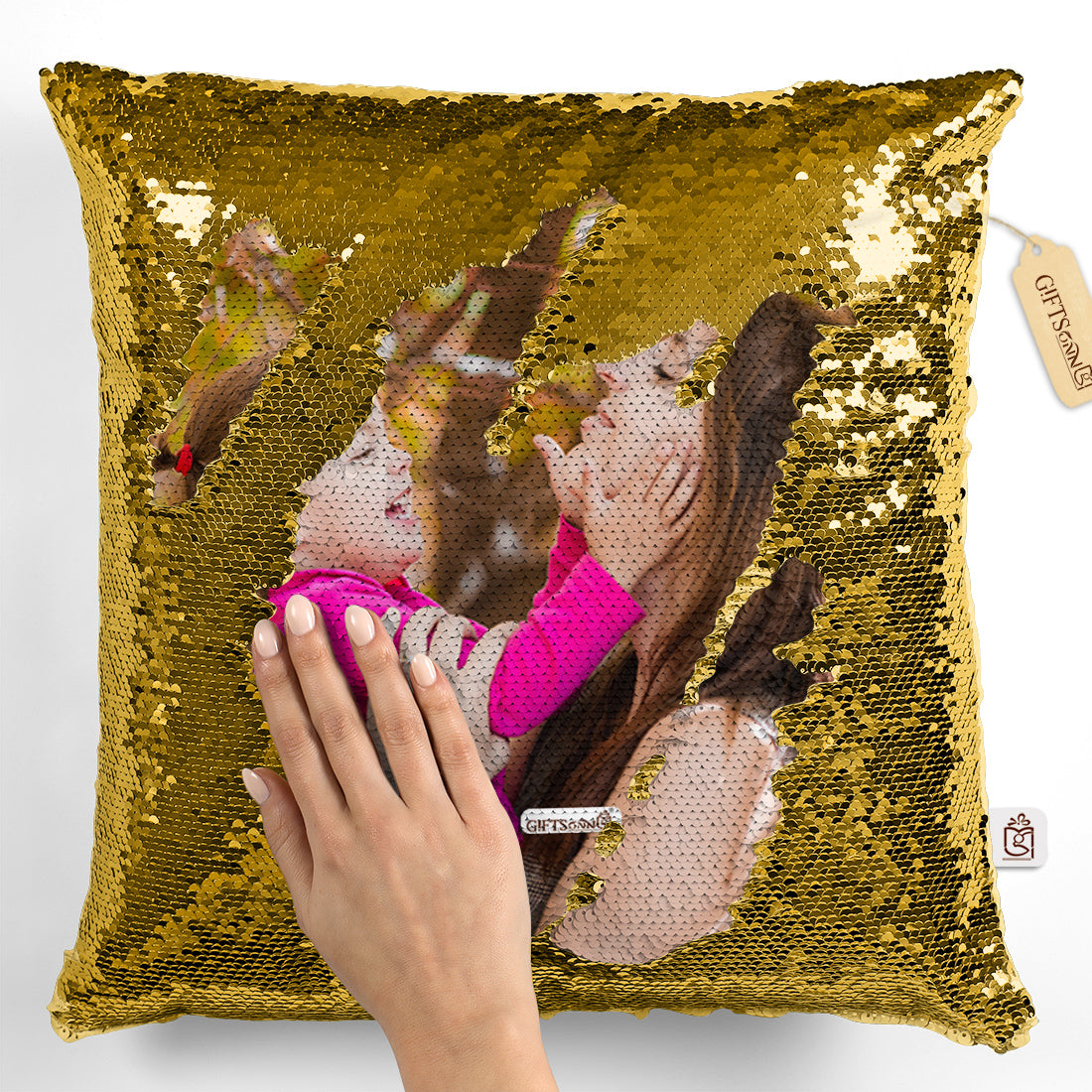 Personalized Gold Sequin Magic Pillow - Photo Cushion With Filler 16x16 inch