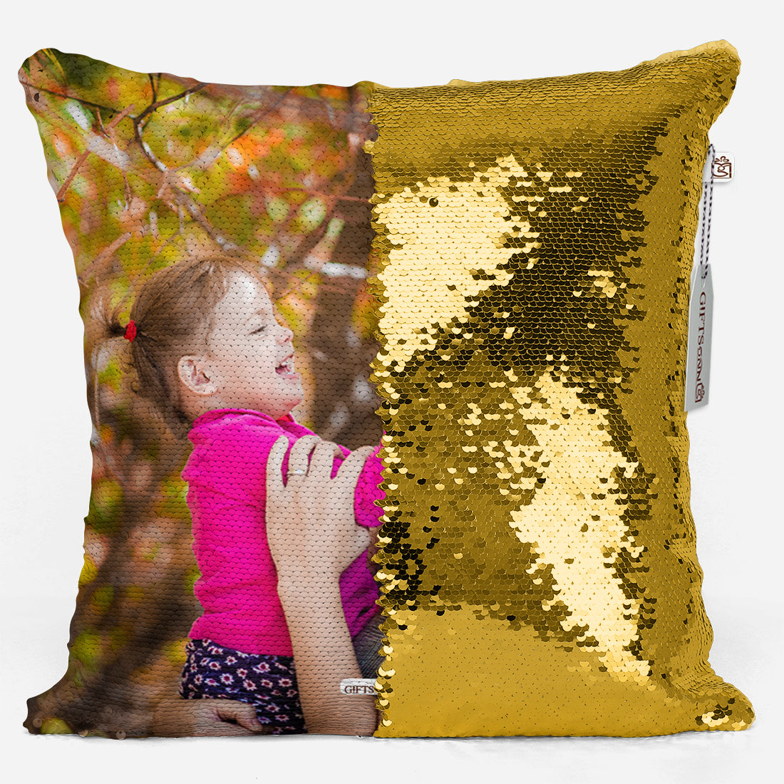 Personalized Gold Sequin Magic Pillow - Photo Cushion With Filler 16x16 inch
