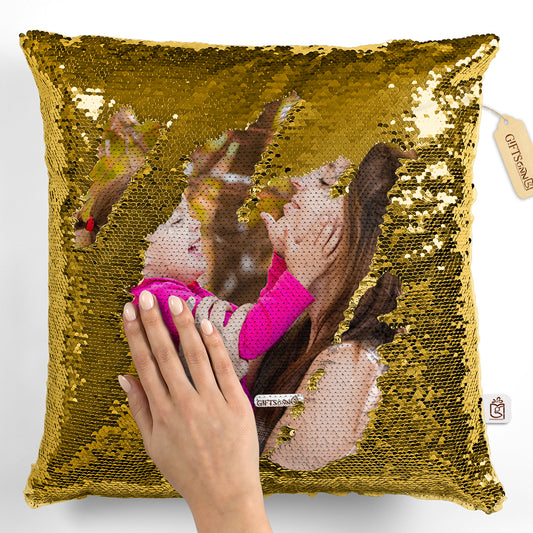 Personalized Gold Sequin Magic Pillow - Photo Cushion With Filler 16x16 inch