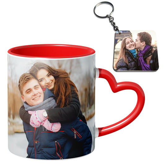 Photo Printed Red heart handle Customized Mug with Photo keychain - 330 ml