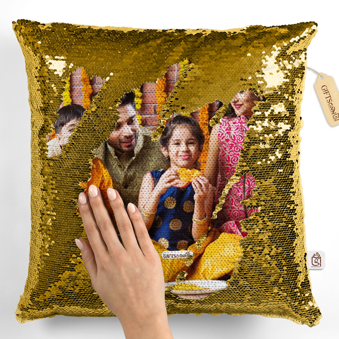 Personalized Gold Sequin Magic Pillow with rakhi - Gifts for Brother16x16 inch