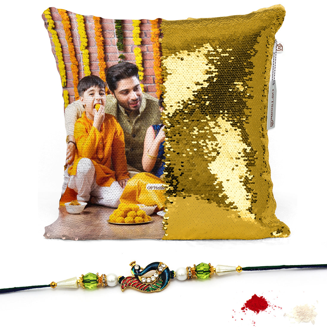 Personalized Gold Sequin Magic Pillow with rakhi - Gifts for Brother16x16 inch