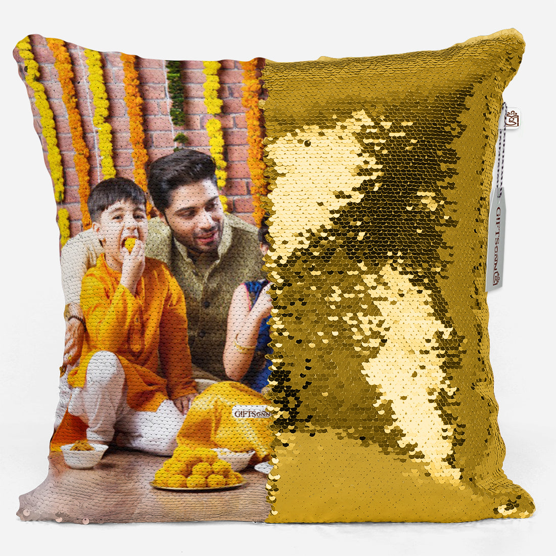 Personalized Gold Sequin Magic Pillow with rakhi - Gifts for Brother16x16 inch