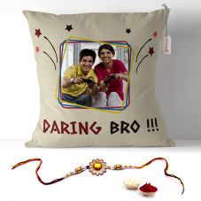 Daring Bro quote photo pillow with rakhi