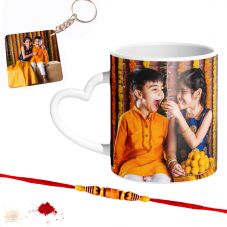 Raksha Bandhan Printed White Heart Handle mug ,rakhi and keychain