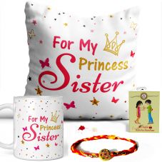 GiftsOnn For My Princess Sister Quote Printed Pillow and Mug Combo Set ( Printed Mug, Printed Pillow, Rakhi, Roli Moli Set and Greeting Card )