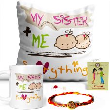 GiftsOnn My Sister + me = Everything Quote Printed Pillow and Mug Combo Set ( Printed Mug, Printed Pillow, Rakhi, Roli Moli Set and Greeting Card )