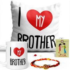 I Love My Brother Quote Printed Pillow and Mug Combo Set ( Printed Mug, Printed Pillow, Rakhi, Roli Moli Set and Greeting Card )