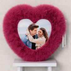 Pink Heart Shape Fur Photo Cushion with Your Photo