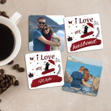I love My Husbend/Wife with 2 Personalized Wooden Coasters (Set of 4)
