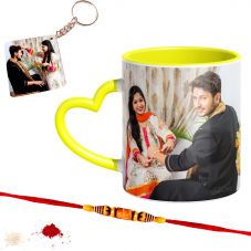 GiftsOnn Raksha Bandhan Printed Yellow Heart Handle mug ,rakhi and keychain
