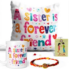 GiftsOnn A Sister is a Forever Friend Quote Printed Pillow and Mug Combo Set ( Printed Mug, Printed Pillow, Rakhi, Roli Moli Set and Greeting Card )