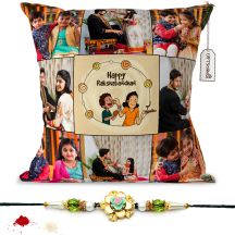 Haapy Raksha Bandhan text with 8 photos printed pillow with rakhi