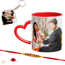 Raksha Bandhan Printed Red Heart Handle mug ,rakhi and keychain