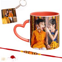 Raksha Bandhan Printed Orange Heart Handle mug ,rakhi and keychain