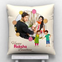 Happy Raksha Bandhan Personalized Photo Satin Pillow/Cushion- White, 12*12