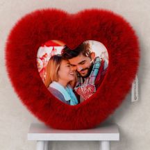 Red Heart Shape Fur Photo Cushion with Your Photo