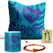 I Love My Sister Quote Printed Pillow and Mug Combo ( Printed Mug, Printed Pillow, Rakhi, Roli Moli Set and Greeting Card )