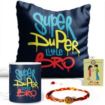 Super Duper Little Bro Quote Printed Pillow and Mug Combo Set ( Printed Mug, Printed Pillow, Rakhi, Roli Moli Set and Greeting Card )