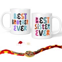 GiftsOnn Multicolour Designer Best Sister & Brother Ever Quote Printed Mug Combo Set ( 2 Printed Mug, Rakhi, Roli Moli Set )