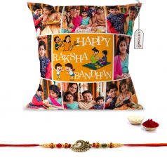 Haapy Raksha Bandhan text with 8 photos printed pillow with rakhi