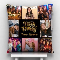 Happy Birthday with name and 8 photos black pillow 12x12