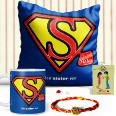 GiftsOnn Best Sister Ever Quote Printed Pillow and Mug Combo Set ( Printed Mug, Printed Pillow, Rakhi, Roli Moli Set and Greeting Card )