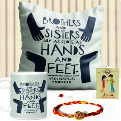 Brother and Sister Quote Printed Pillow and Mug Combo Set ( Printed Mug, Printed Pillow, Rakhi, Roli Moli Set and Greeting Card )
