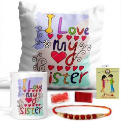 GiftsOnn I Love My Sister Quote Printed Pillow and Mug Combo ( Printed Mug, Printed Pillow, Rakhi, Roli Moli Set and Greeting Card )