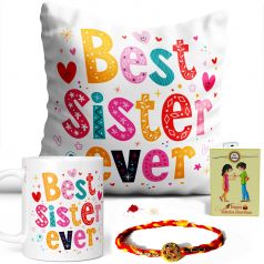 Best Sister Ever Quote Printed Pillow and Mug Combo Set ( Printed Mug, Printed Pillow, Rakhi, Roli Moli Set and Greeting Card )