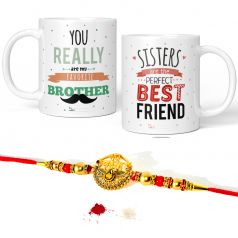 GiftsOnn Colourful Quote Best sis & Bro Ever Quote Printed Mug Combo Set ( 2 Printed Mug, Rakhi, Roli Moli Set )